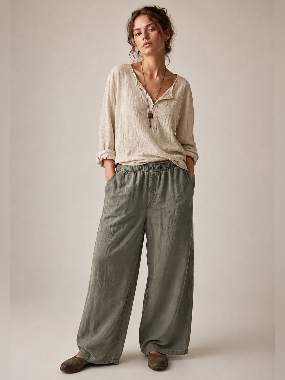 Vintage Old Navy High-Rise Wide Leg Linen Blend Pants Olive Green Lagenlook